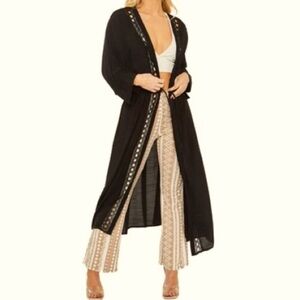 Love Tree Womens Crochet Sheer Linen Cover Up Maxi Kimono